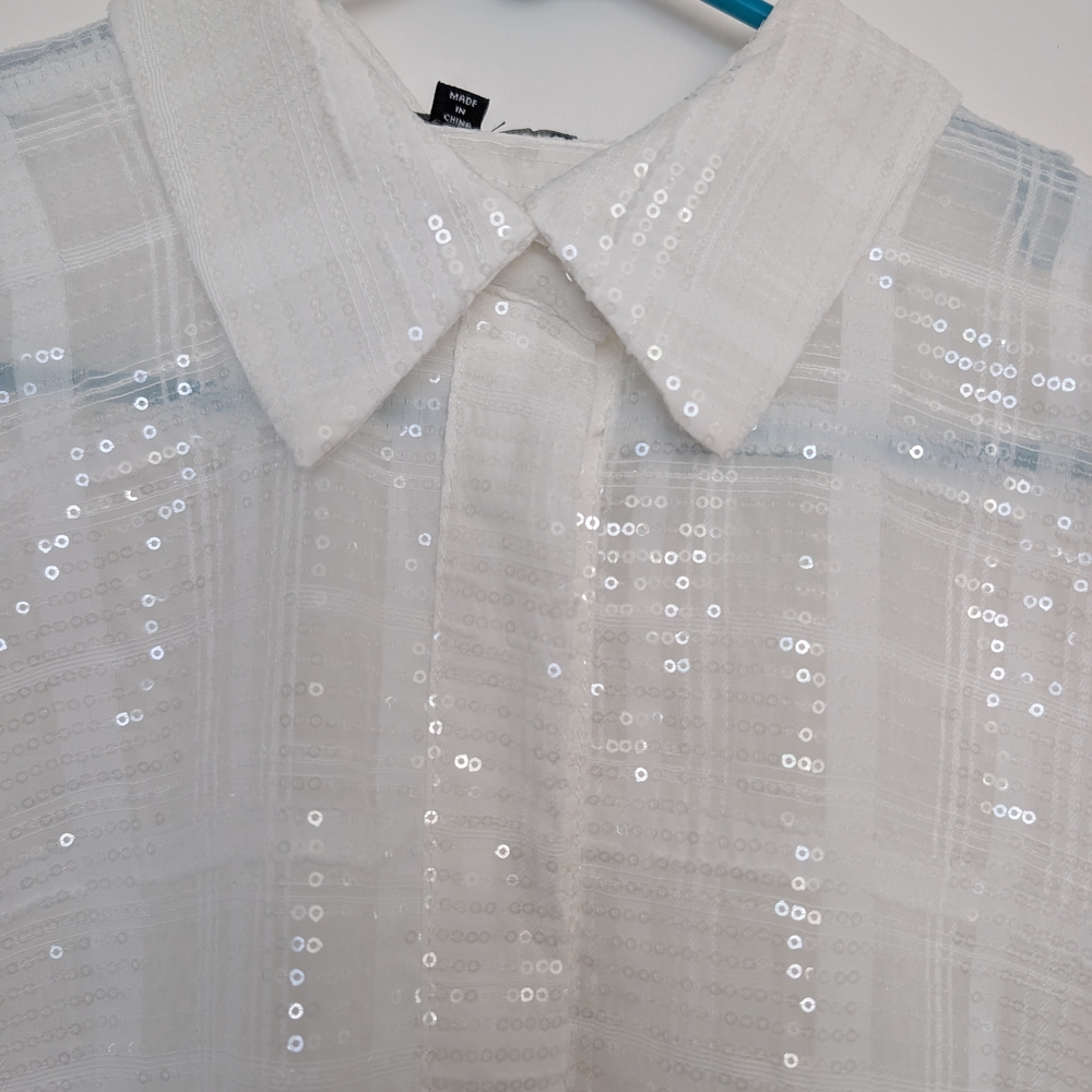 White Sequin Sheer Plaid Button Down Collar Blouse - Picture 3 of 6